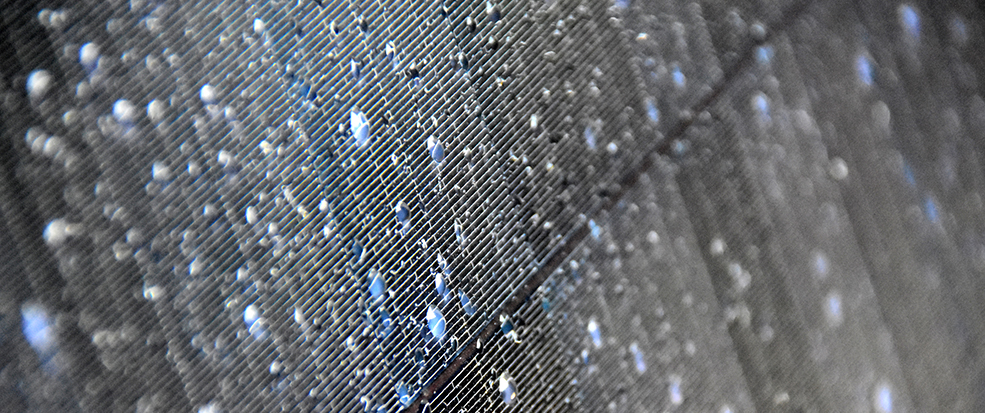 Morgentau auf einem Solarmodul während des Sonnenaufgangs