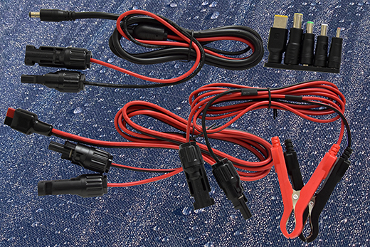 MC4 von der Solartasche zu DC5521, Anderson, Alligtor Clips sowie Charging Adapters